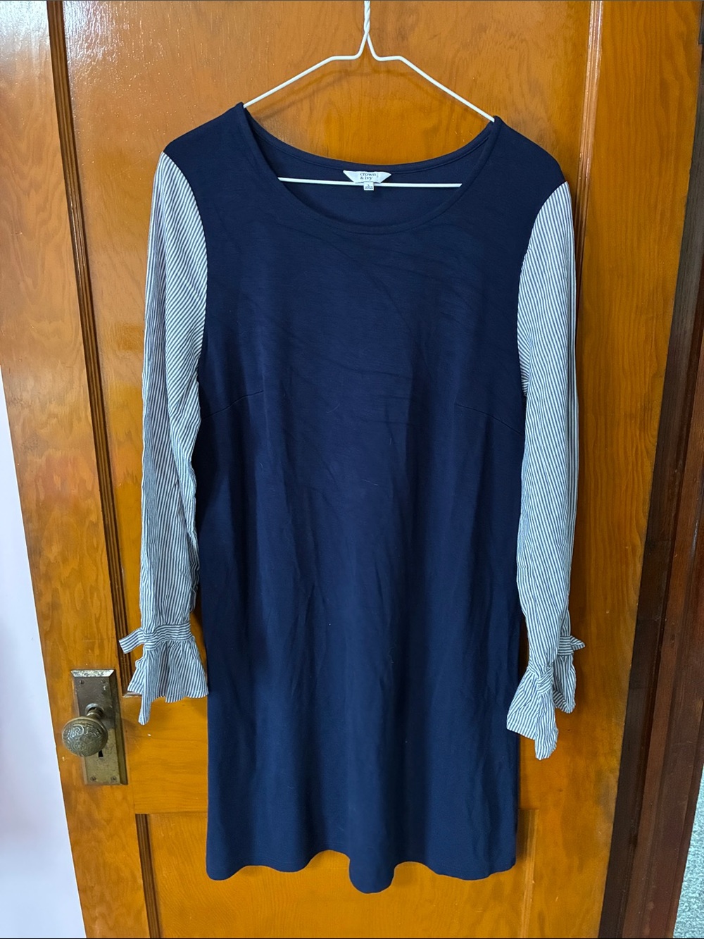 #37 - Crown & Ivy Navy Blue Striped-Sleeve Shift Dress